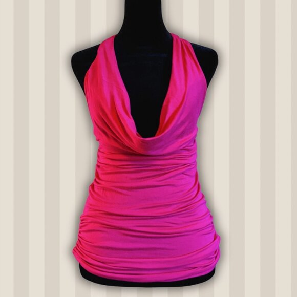 Second Hand SWS Y2K pink low-neck top with silver hoop details. Size: S - Picture 1 of 5